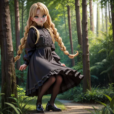 whole body、dress、pantyhose、black footwear、blonde、loose braids、beautiful face、green eyes、forest background、(masterpiece:1.2)、high...