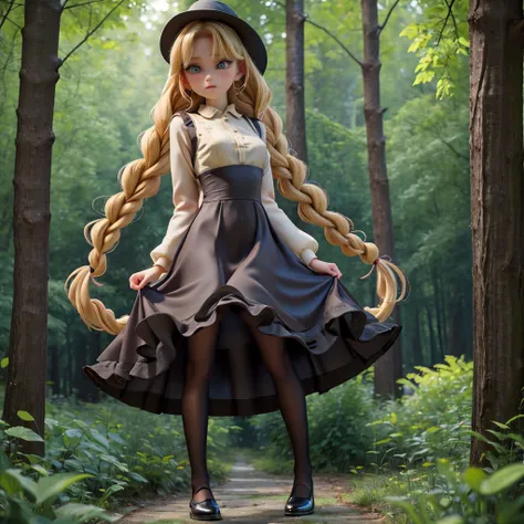 whole body、dress、pantyhose、black footwear、blonde、loose braids、beautiful face、green eyes、forest background、(masterpiece:1.2)、high...