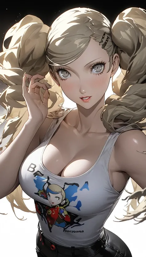 ((((Persona:1.8)))), (1girl), Long Hair, Blonde, ((青colorの目:1.5)), twintails, big hair, swept bangs, 笑face, ((tanktop shorts)), classroom, break looking at viewer, (cowboy shot), break (masterpiece:1.2), Highest quality, High resolution, unity 8k wallpaper...