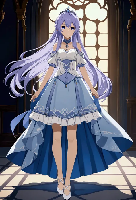 Princess clothing idea from gemshin impact of girl full body anime girl with long lavender hair and dull light blue eyes in white and blue clothes