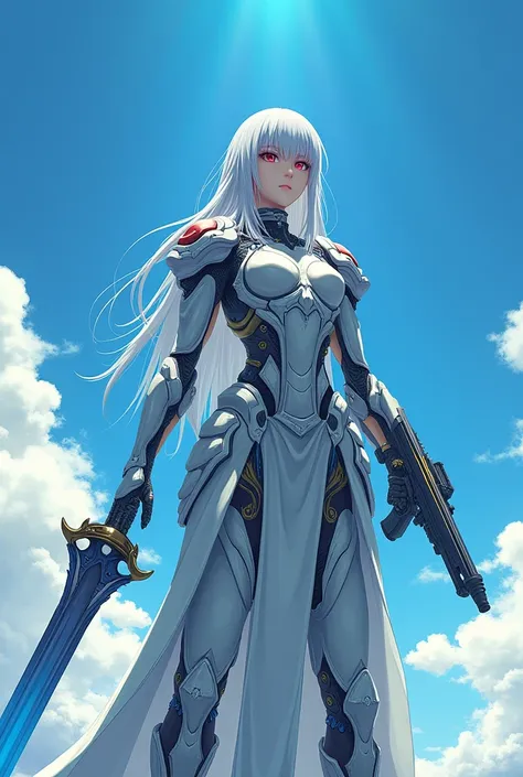 In front of the sky with a sword and a gun , Celestial Mecca Theme, anime mecha aesthetic, Animated robot mixed with organic matter, long silver hair, Red eyes, Highly exposed, wide blue sky