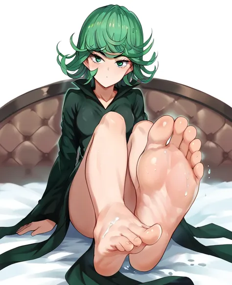 artwork, high quality, a tatsumaki girl, beautiful, has green eyes, green short hair, with a playful smile, small breasts, sitti...