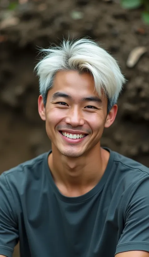 Handsome young man, Japan, highest resolution, short hair, white hair, smile, Fujifilm, 8k octane render, Fuji color, mud, dirty,