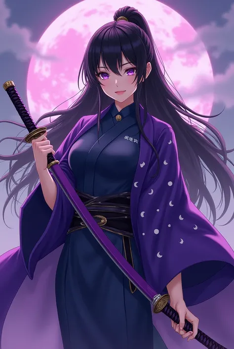 Demon Slayer character with long black hair, that her uniform is navy blue and that she has a katana and that she is a woman who has purple eyes and that she has a purple haori with moons and that she has a sky background with a purple katana and that she ...