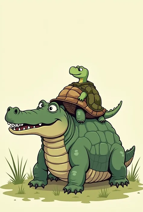 The tortoise sits on the back of the big crocodile and speaks in 2d cartoon 