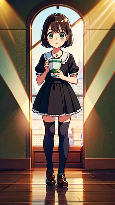 ((high quality)), ((masterpiece)), 8k, 10 year-old girl, light rays, extremely detailed, 8k wallpaper, ((full body)), drinking tea, cute clothes, (background european city), kawaii, cute girl, brown hair, chanel short hair, green eyes, tiny girl, children,...