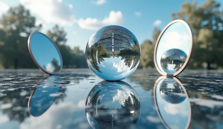 a multidimensional object that is shown differently by different perspective visible through a couple of mirrors standing around it