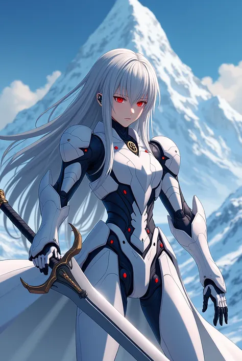 The sword is in front of the sky , Celestial Mecca Theme, anime mecha aesthetic, Animated robot mixed with organic matter, long silver hair, Red eyes, Highly exposed, Snow mountain, Anime-style