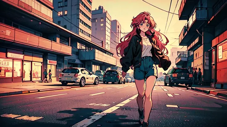 Create an illustration in the 90s anime art style of a young girl with long pink hair, standing in a dimly lit urban street. She has a slightly anxious expression on her face, with large, expressive blue eyes that reflect the glow of the nearby streetlight...