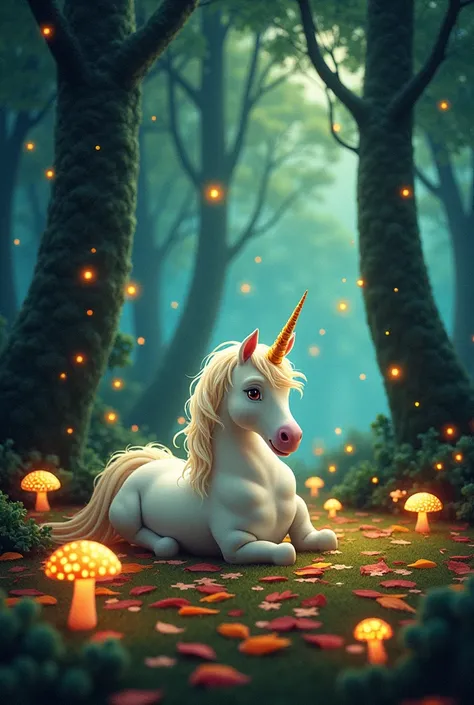 A whimsical, magical forest, inspired by Maxfield Parrish’s paintings, with glowing mushrooms, fireflies, and a unicorn resting on a bed of leaves.
