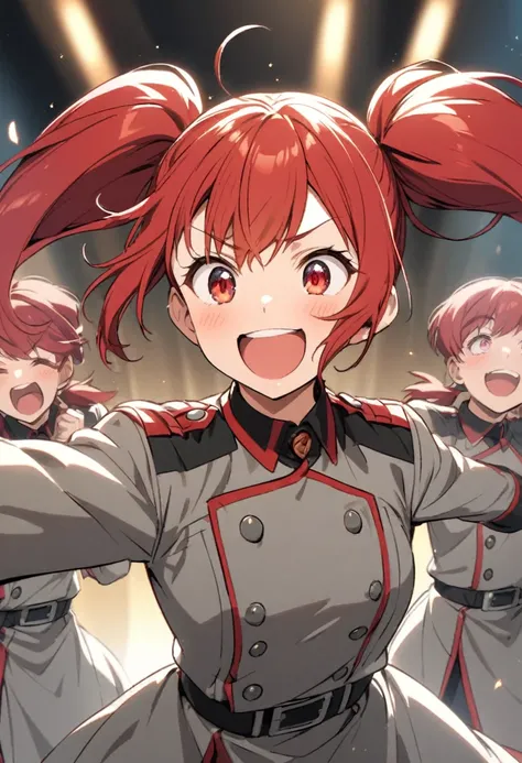 Drill-like twin tails、Red hair、Grey military uniform、Red eyes、Drooping eyes、Smiling、singing