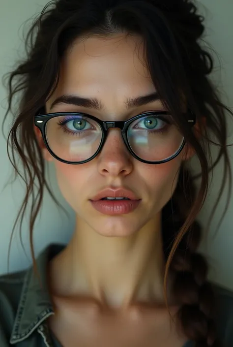 Create an image of a women in her twenties who looks ugly when she removes her spectacles