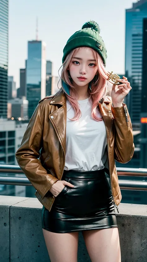 A stylish anime character with pink hair, a green striped beanie, and a brown leather jacket. She is holding a golden key in one hand, with her other hand resting on her hip. She is in a futuristic cityscape, with tall skyscrapers and bright lights surroun...