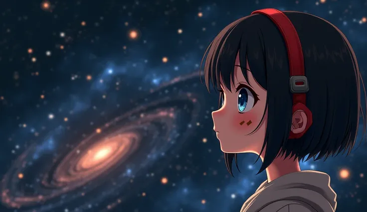 Mii girl on space, black hair, short hair, ahoge, blue eyes, a red strap on hair, a red foot tattoo on her right cheek like the GNOME desktop logo style,  In the style of Makoto Shinkai。master piece, ultra detail, precision, ultra-realistic, anime art,
