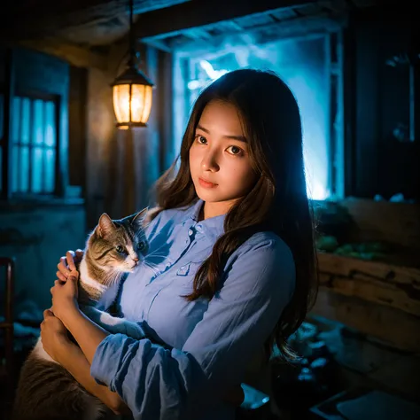 "A young woman, Maya, with a caring expression, gently cradles an injured alien cat in her arms. The cats silvery fur and glowing eyes contrast with Maya’s warm and curious demeanor. The background shows the exterior of a modest house, partially illuminate...