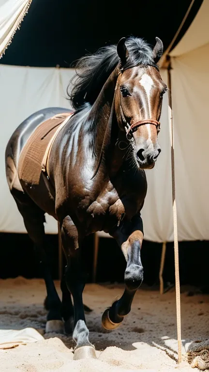 ride horse, harness, red bridle, hand hold red reins , red saddle, stirrup , running sand ride horse,Front view , ((Full-body, in Arabian tent), a Persian  ancient girl, looking at viewer, exotic Persian girl is 20 years old, (Black hair ,long hair, Brown ...