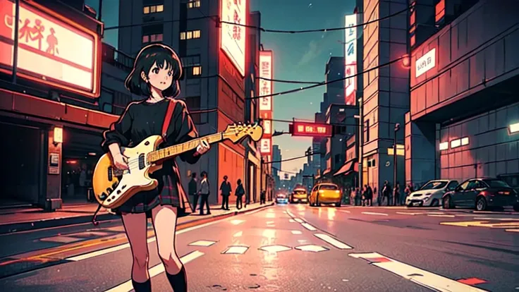 Bocchi-chan from the anime Bocchi the Rock。Standing in the city at night。I have a black Les Paul。Her hair is pink and long。