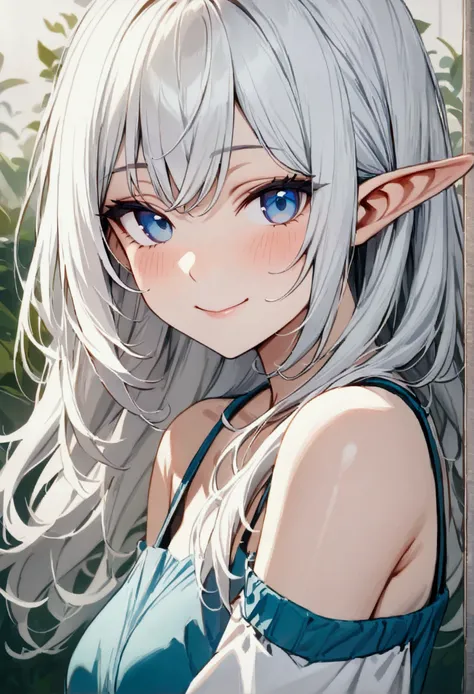 ((masterpiece, Best quality, absurdity, A high resolution, ultra detailed, A high resolution, very good wallpaper 8KCG)), 1 girl, One, smile, detailed background, depth of field,elf.Has long white hair, blue eyes 