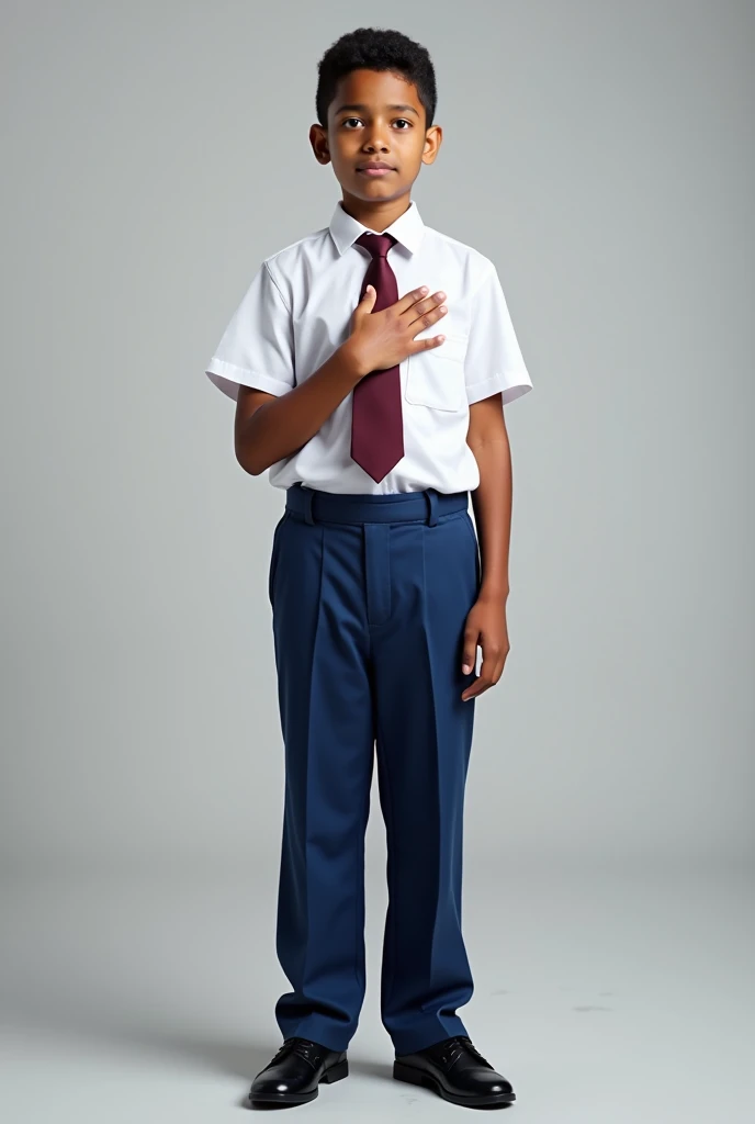 An full body from head to toe Indian male school pupil in Malaysia primary school uniform with white shirt and blue long pants and a maroon necktieplacing right hand on left chest as a symbol of respect have 