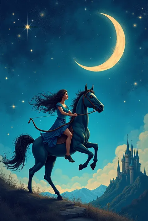 (A fantastic centaur girl wanders through the starry sky:1.2)、(Holding a bow and arrow)、You can see the castle of Wonderland on the ground、The stars and crescent moon look big、(Contemporary art like a picture book)、(Chagall-style painting)、(Flat oil painti...