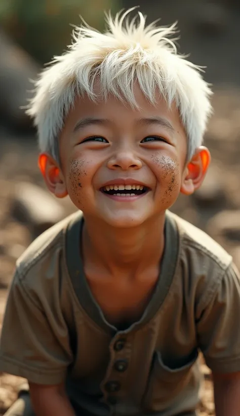 boy, Japan, high resolutionสุด, short hair, white hair, Fujifilm, 8k octane render, Fuji color, mud, dirty,fun / be happy, Omakase,high resolution, best quality, 