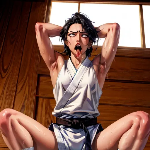 ((((masterpiece, best quality, high resolution)))), extremely detailed 8k, 1 female, wearing a white karate gi, (ahegao),white e...