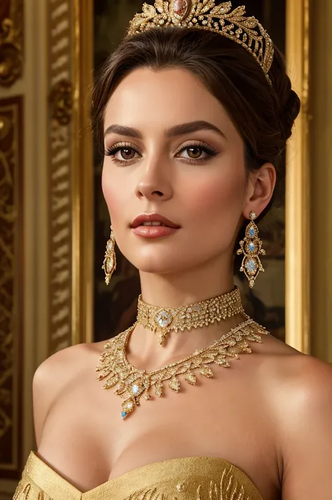 award-winning professional and realistic photo of the Empress of Europe, supreme beauty, genetic perfection, flawless European beauty, EU propaganda, EU iconography, incredibly gorgeous elegant regal outfit, diamond choker, full-body photo, detailed textur...