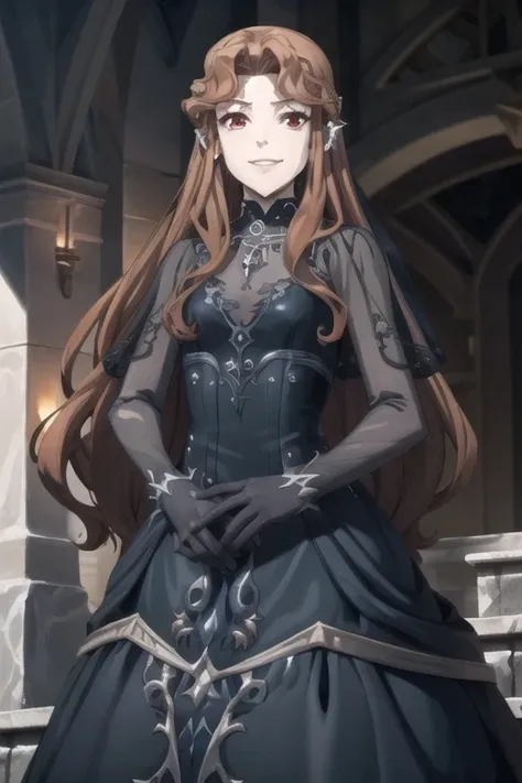 LenoreCastlevania, black dress, black gloves, blue dress, cape, earrings, fangs, hair ornament, jewelry, long dress, necklace, see-through, red eyes, smile, Solo, 1girl, Masterpiece, Best Quality, 