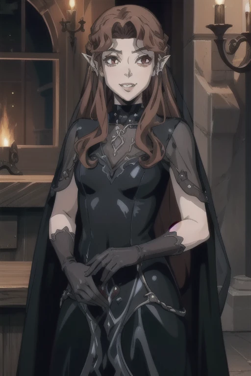 LenoreCastlevania, black dress, black gloves, blue dress, cape, earrings, fangs, hair ornament, jewelry, long dress, necklace, see-through, red eyes, smile, Solo, 1girl, Masterpiece, Best Quality, 