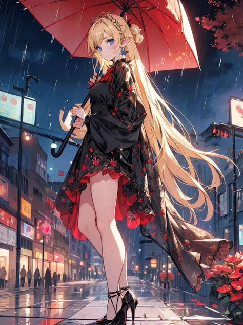 masterpiece, Highest quality, A girl holding a large umbrella, Super detailed, Ultra-high resolution, Distinct facial features, Anatomically correct, pretty girl, Long pointy ears, Fairy, Nice face,Blonde, Red Umbrella, Black dress, Blue eyes, Rainy street...