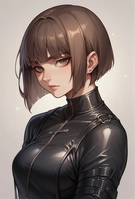 1 girl, Brown hair, long bob cut, full leather