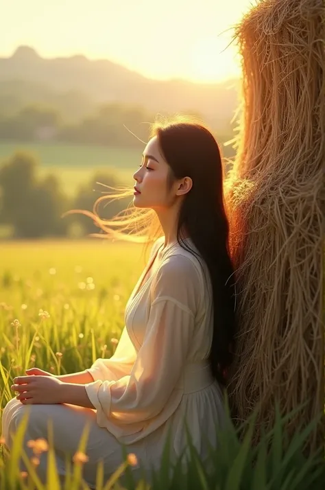 Asian Country Girl, loose hair, golden sunshine, sitting by the haystack