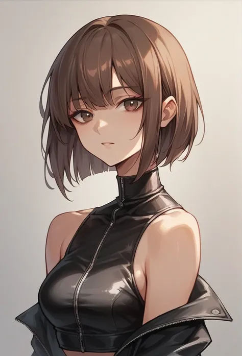 1 girl, Brown hair, long bob cut without bangs, full leather