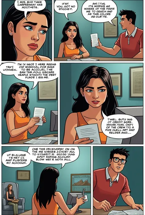 Create a comic strip about Sarah, a 3 professional living in General Santos City, discovered that her identity had been stolen when she began receiving bills for credit cards she never applied for. Over the course of several months, the thief had opened mu...