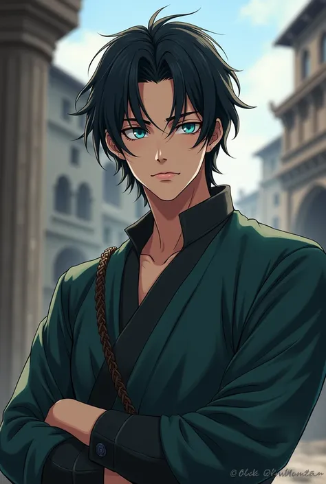 Anime boy medium long black hair and turquoise eyes serious feet head medieval clothes standing handsome