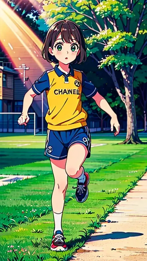 ((high quality)), ((masterpiece)), 8k, 10 year-old girl, light rays, extremely detailed, 8k wallpaper, ((full body)), cute sport clothes, running in park, kawaii, cute girl, brown hair, chanel short hair, green eyes, tiny girl, children, kid