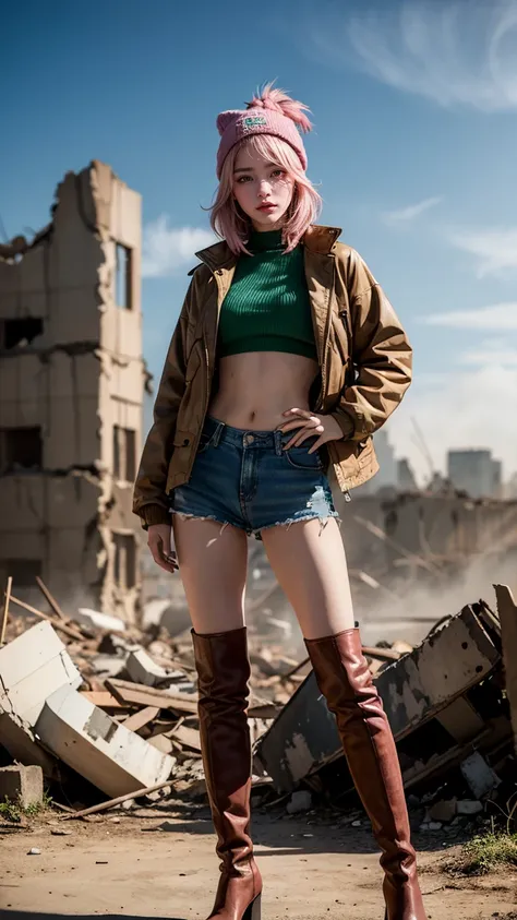 An anime character with vibrant pink hair and a green beanie, dressed in a brown jacket, white crop top, and knee-high boots. She is depicted in a post-apocalyptic wasteland, with ruins and dust clouds in the background, standing strong and fearless.