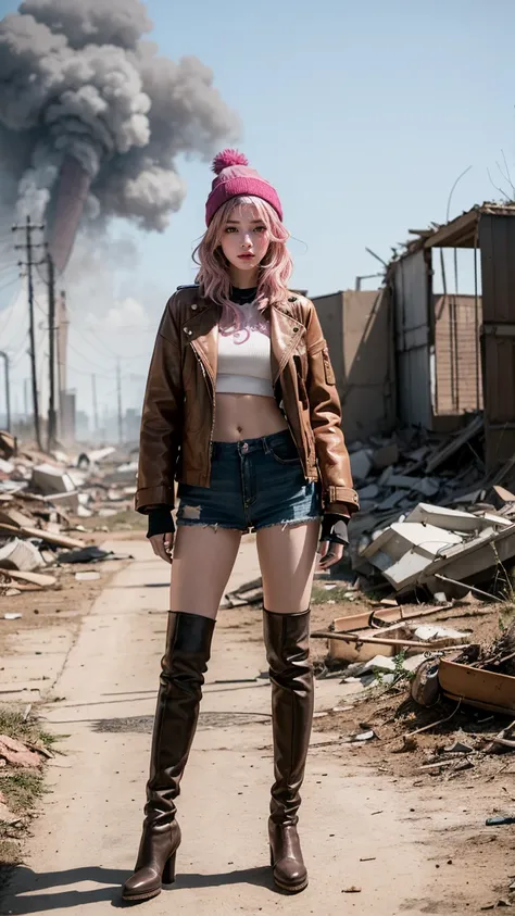 An anime character with vibrant pink hair and a green beanie, dressed in a brown jacket, white crop top, and knee-high boots. She is depicted in a post-apocalyptic wasteland, with ruins and dust clouds in the background, standing strong and fearless.