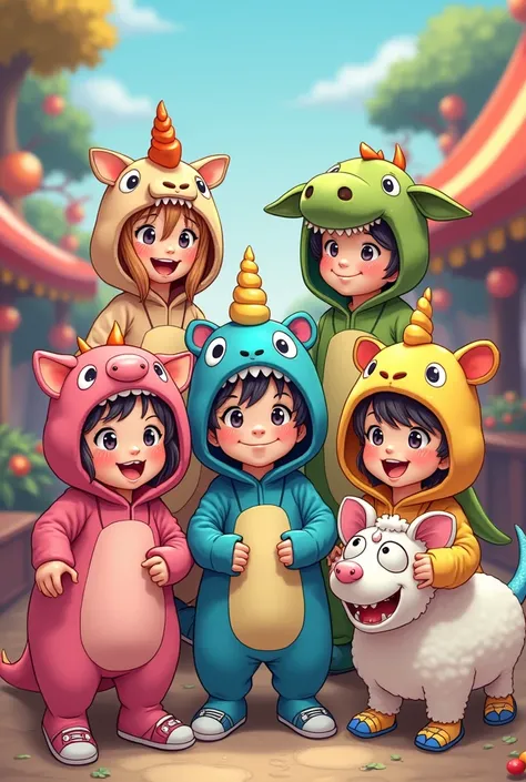 six human each wearing dragon, pig, dinosaur, sheep, rat, unicorn costume cartoon 

