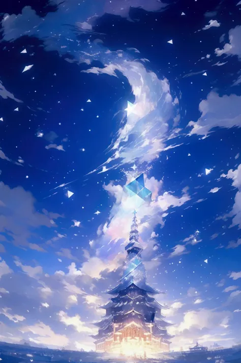 ((Starry Sky))、((中心に光り輝く欠片💎が1つ浮かぶ))、((The pieces are polygonal))god秘的な背景、god々Shine