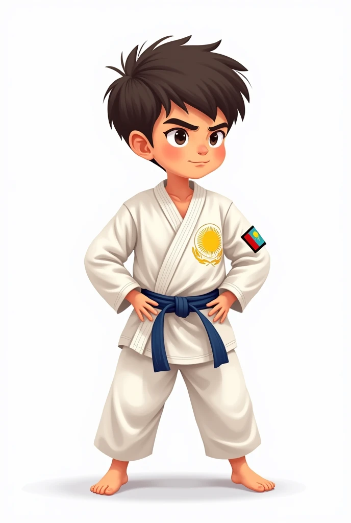 ((officially)) ((masterpiece)) ((Best quality)) ((detailed)) cartoon karate boy in uniform with Kazakhstan flag emblem on white background