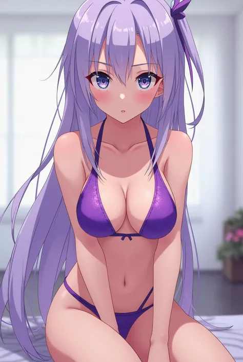 Anime girl Nano Eiai with light purple hair and serious expression , thin with big breasts , purple bikini showing nipples