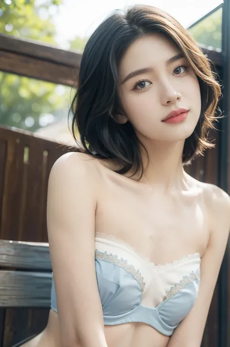 (((best quality))),(((ultra detailed))),(((masterpiece))),illustration,((1 beautiful girl,solo)),(shoulder length straight short hair:1.2),((slim,thin,graceful)),((small breasts,flat chest)),(summer afternoon:1.3),(at the schoolgate:1.3),bustling,(straples...