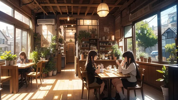 There is a room with many plants and a table, cozy Cafe background, anime background art, relaxing conceptual art, cafe interior, Lo-Fi-Illustrationsstil, in a bright Cafe, pleasant cozy atmosphere, café, Highly Detailed Scene, lofi artstyle, relaxing envi...