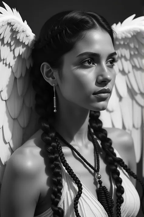 Indian women with braided hair and have white wings at her back 
Black and white image