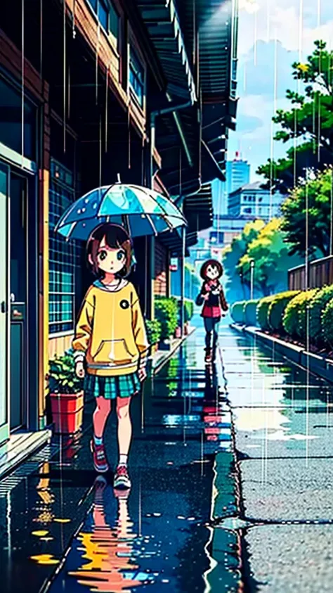 ((high quality)), ((masterpiece)), 8k, 10 year-old girl, light rays, extremely detailed, 8k wallpaper, ((full body)), walking under the rain, (background outside), kawaii, cute girl, brown hair, chanel short hair, green eyes, tiny girl, children, kid