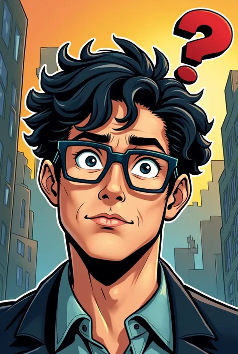 Generate a dark-haired man with short curly hair with square glasses with a question mark expression on his head in a MARVEL COMIC BOOK HQ CARTOON style 