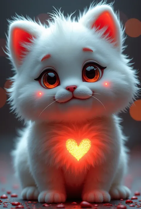 fluffy, White fur, very cute face, Red elements on fur, glowing t-shirt, Beautiful lights and shadows, ambient light, Ultra detailed fur, volumetric light penis