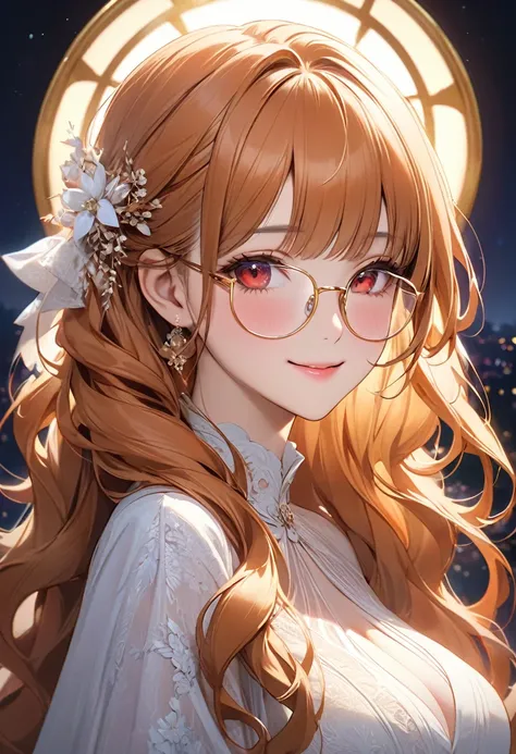 ((best quality)), ((Masterpiece)), (details), 1 woman, big breasts, orange hair, red eyes, ((My hair is very long., long wavy hair)), (Bangs:1.5) , curve, large breasts, huge breasts, beautiful face,  Beautiful skin , Long eyelashes, Thick eyelashes, gold ...