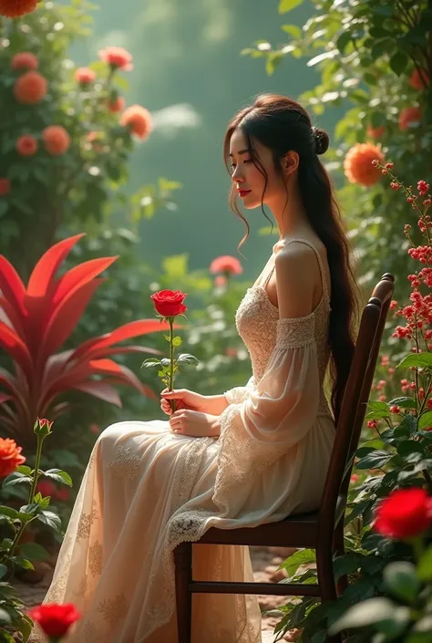 A young woman sitting on wood chair, in nature, beautiful dresses, big red and green plants and flowers, 8 k quality, in hand 🌹